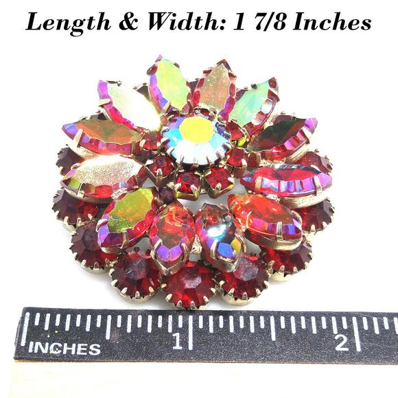 Vintage Red Rhinestone Floral Brooch, Aurora Borealis, 1960s, 1 7/8 Inches - Picture 13 of 15